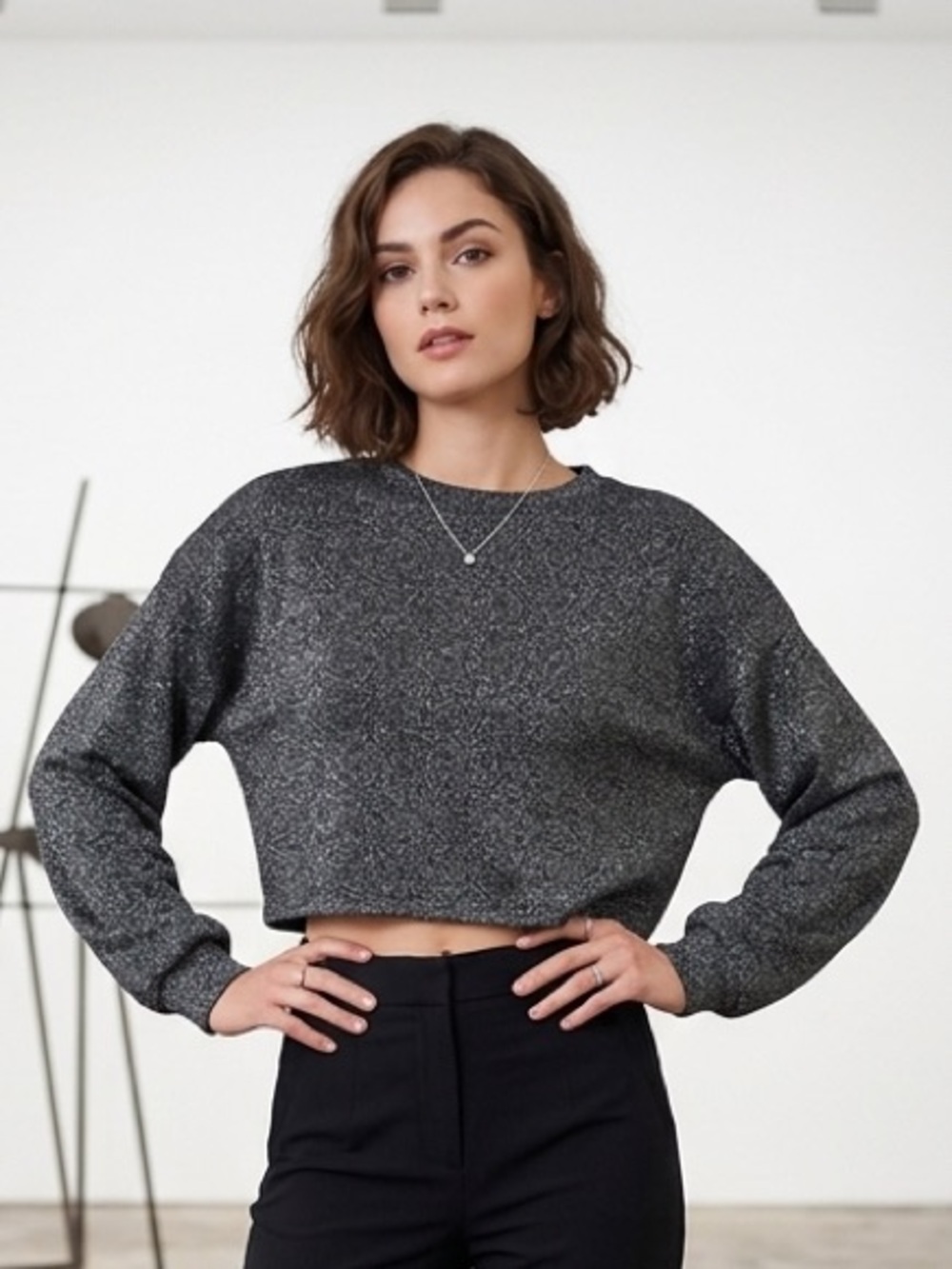 Take 50% OFF- H&M Cropped Heathered Gray Pullover Top, Size-S